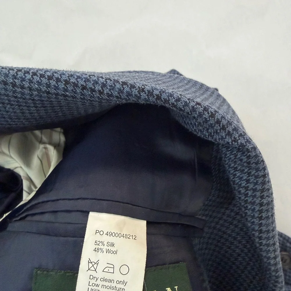 Ralph Lauren Mens Blue Houndstooth Sport Blazer Jacket‎ Wool Silk Plaid 42L